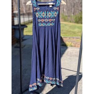 Sundance Navy Embroidered Boho Midi Dress Sleeveless Cotton Gauze Size S